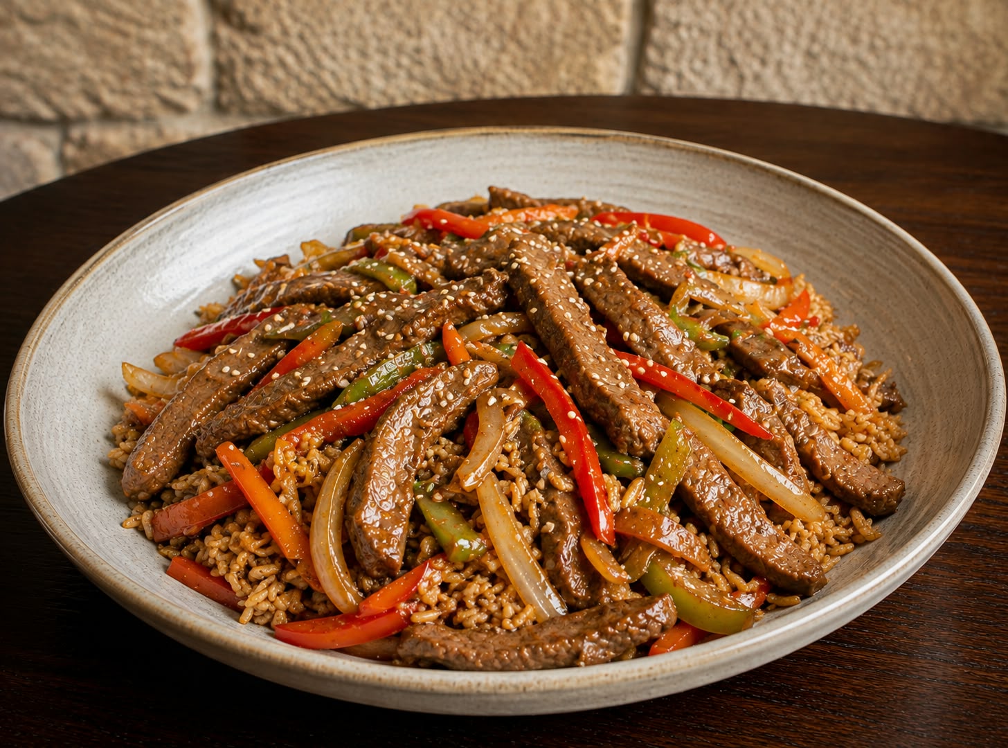 Wok de lomo salteado con arroz y verduras de estacion.